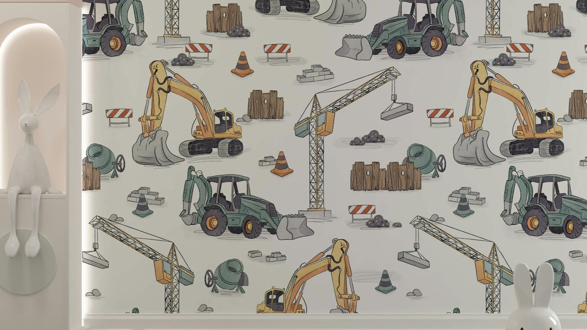 construction wallpaper with trucks, diggers, and site murals for kids rooms