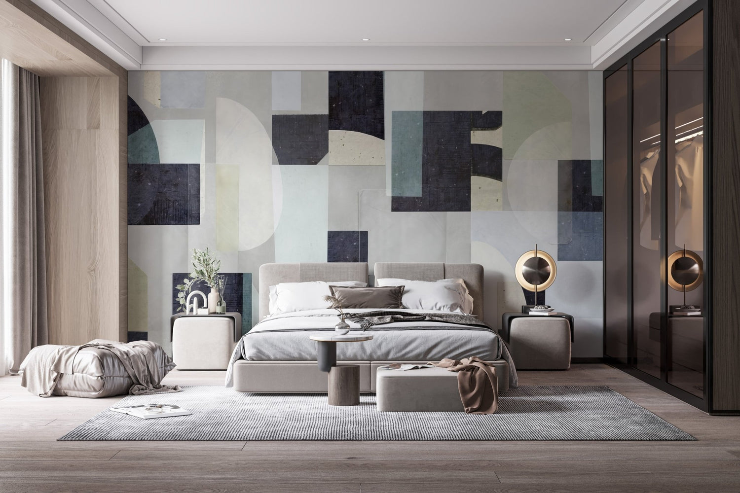 A bright living room featuring contemporary wallpaper with a bold, abstract blue and gold pattern behind a white sofa.