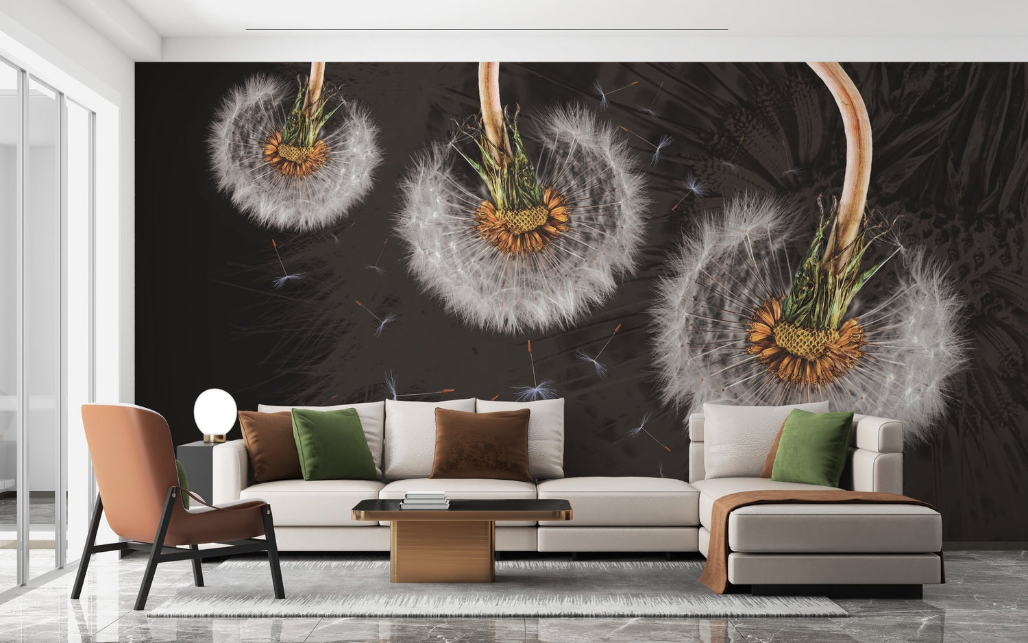A bright living room with a modern grey sofa placed against an accent wall featuring dandelion wallpaper with seeds blowing across a light blue background.