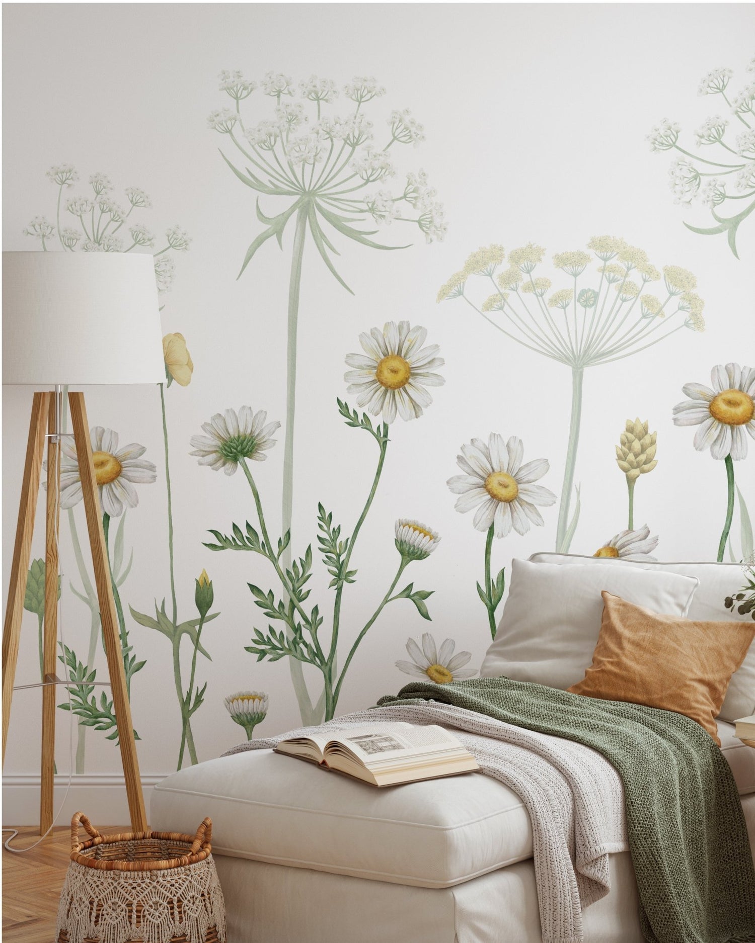 Modern living room featuring abstract designer wallpaper with blue and gold brushstrokes as an accent wall behind a grey sofa.