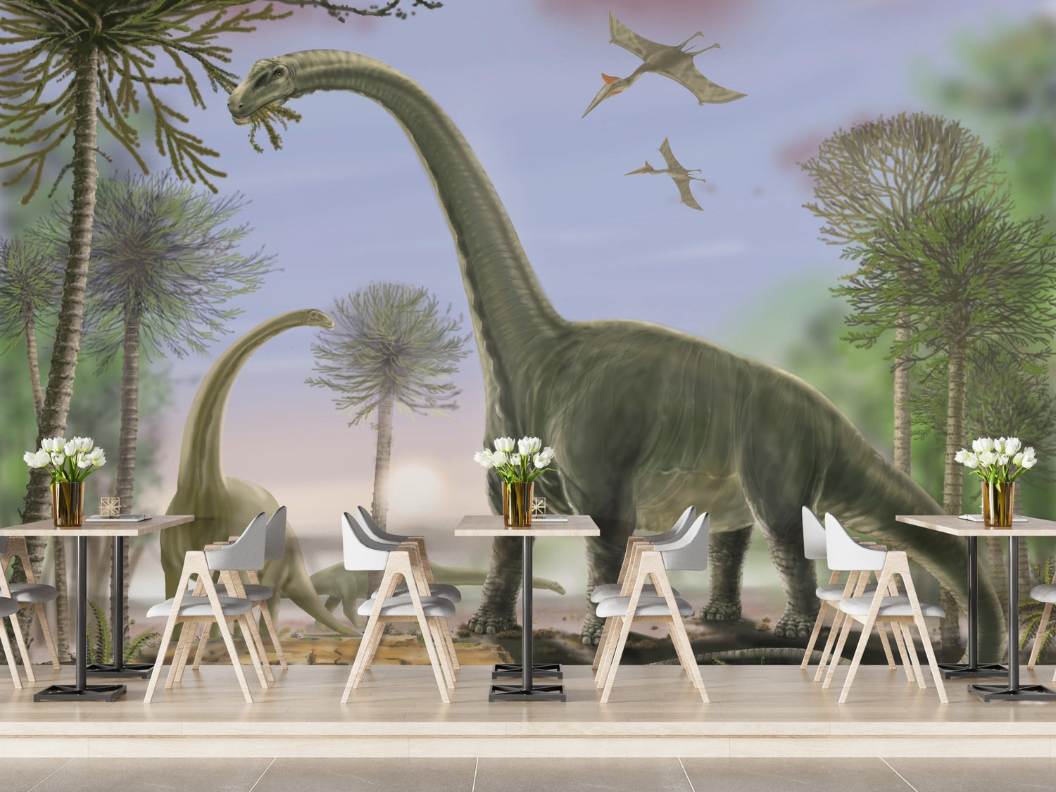 hild's bedroom featuring a colorful T-Rex dinosaur wallpaper print.