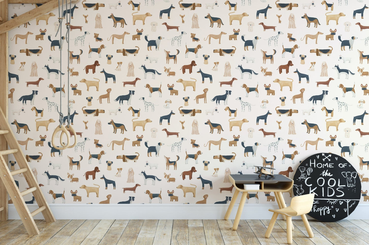 A charming dog wallpaper brightens a room with a repeating pattern of various playful breeds.