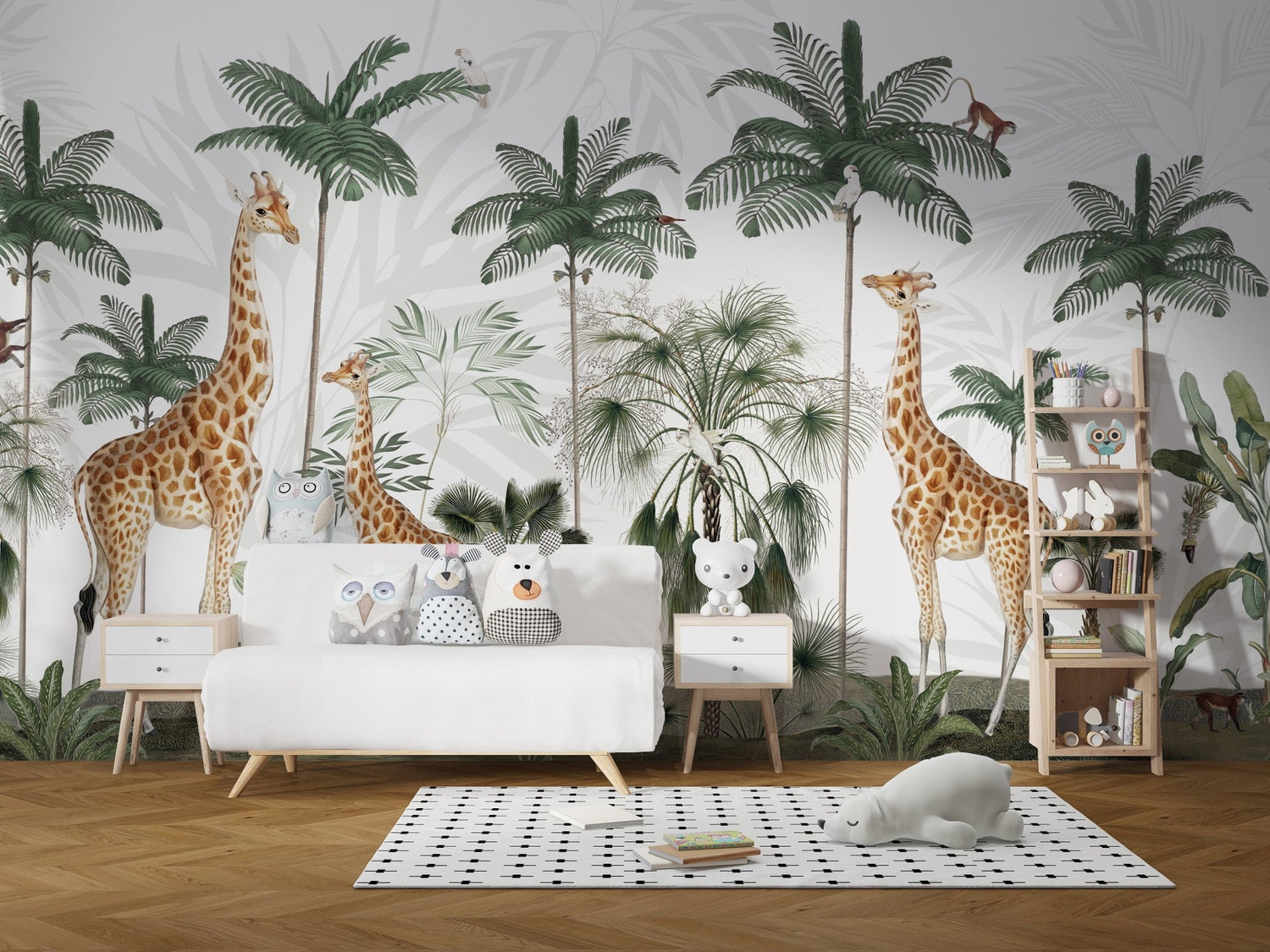 Giraffe wallpaper showing tall safari giraffes across a feature wall