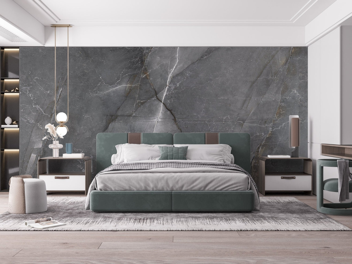 Grey wallpaper feature wall behind bed with timber side table