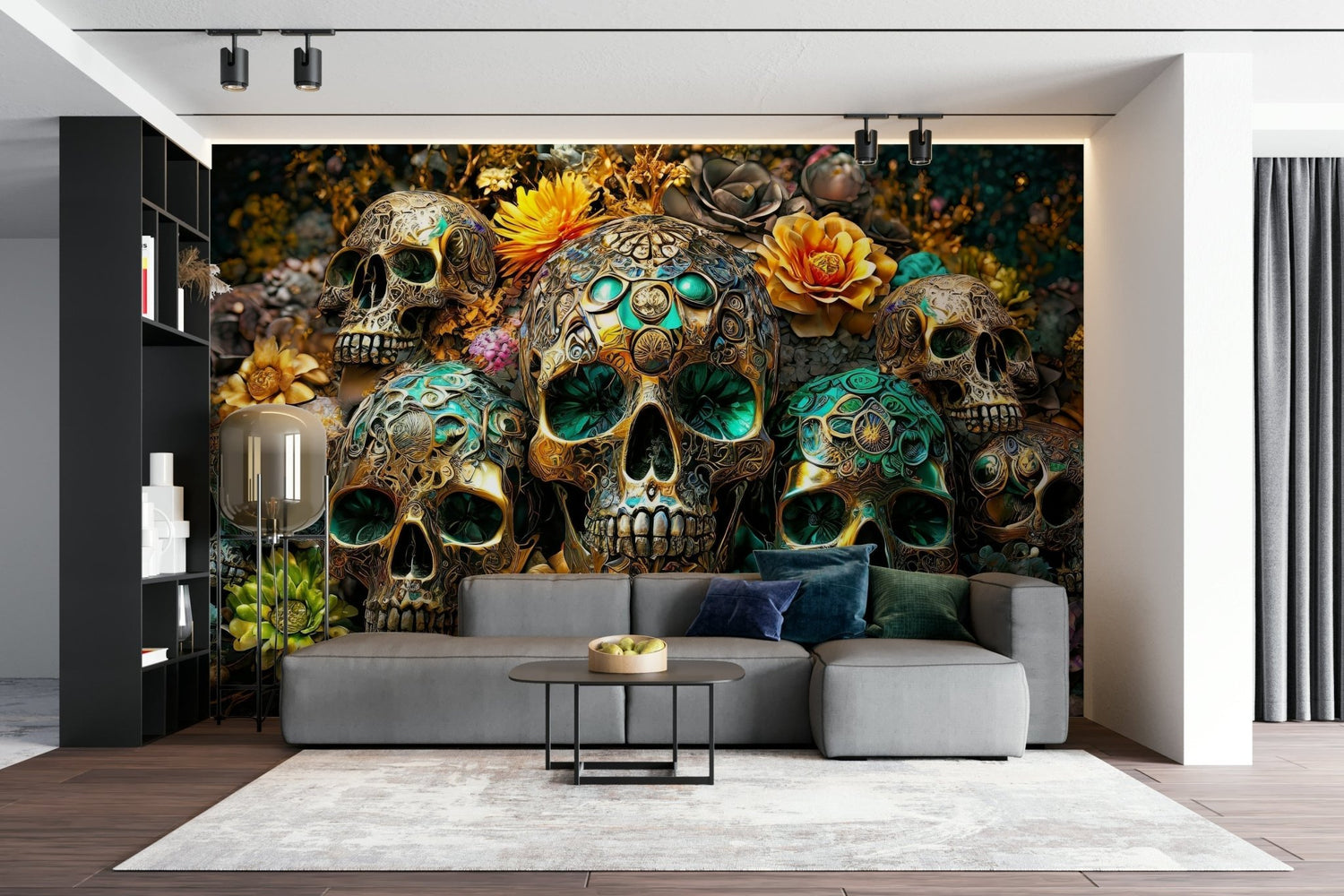 Halloween wallpaper feature wall in a styled spooky room