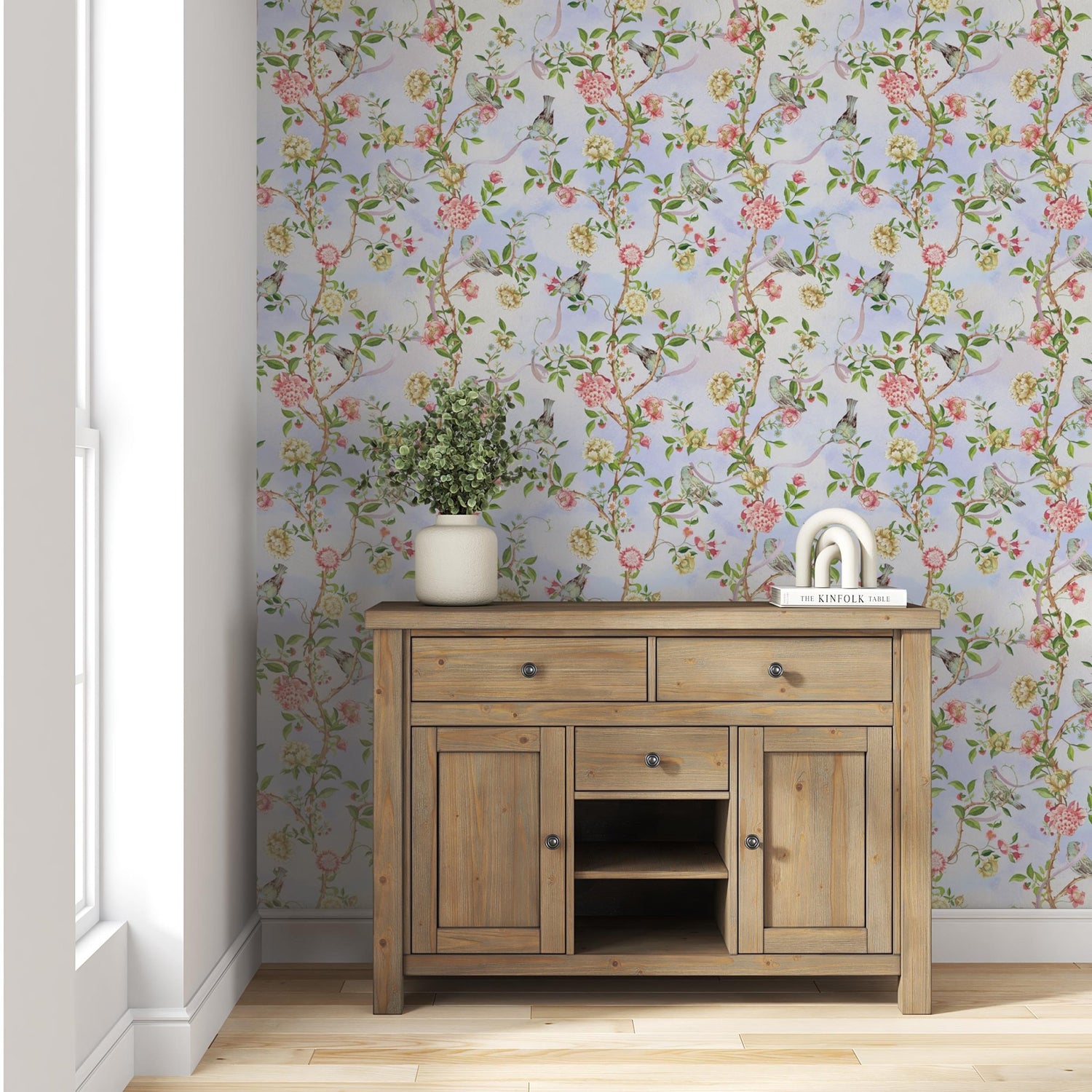 Hallway wallpaper mural in entryway with white panelling and oak