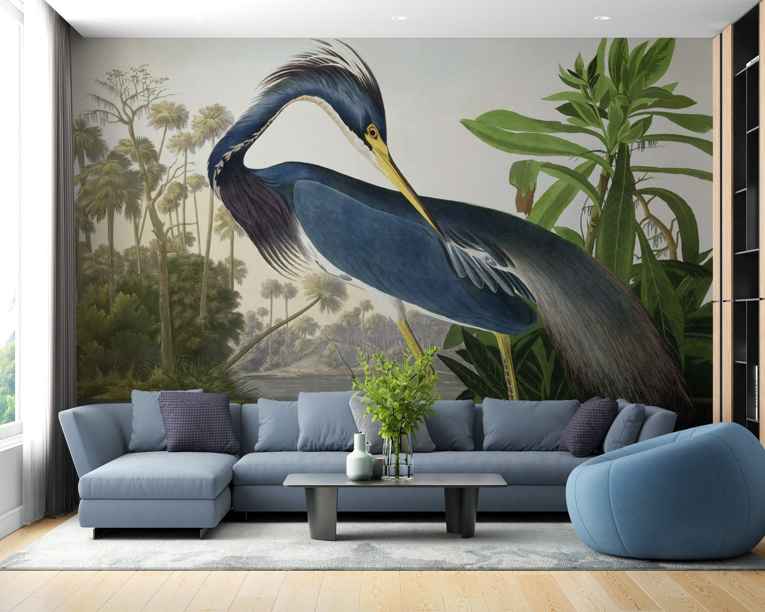Heron wallpaper mural with cranes and reeds beside still water