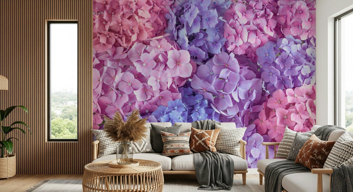 hydrangea wallpaper with full blue and lilac bloom murals