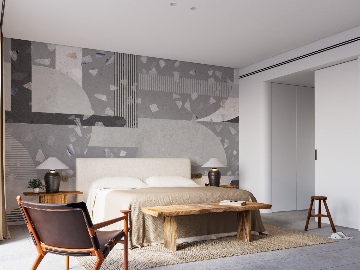 Industrial wallpaper with exposed brick and steel rivet detail 