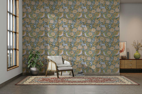 Josie George chinoiserie crane mural with misty canopy florals