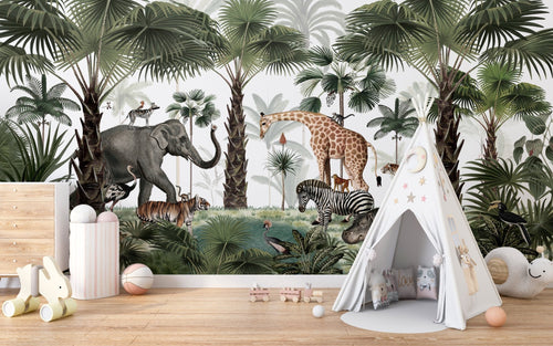 Kikki Belle designer wallpaper mural with monochrome dino, unicorn forest, farm animals, hummingbird hedge, and watercolour woodland kids scenes on a nursery wall