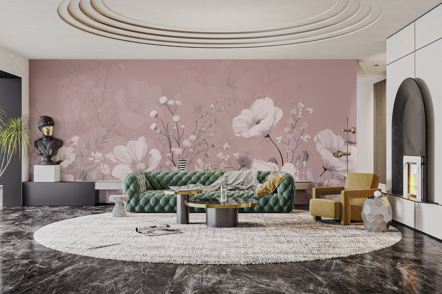 A stylish living room featuring the latest wallpaper with a lush, green botanical pattern on an accent wall behind a sofa.