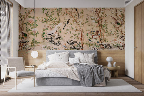 Madam Blanc designer wallpaper mural with castle scenes, sepia chinoiserie panels, framed oil art, and Japanese bird art on a residential wall