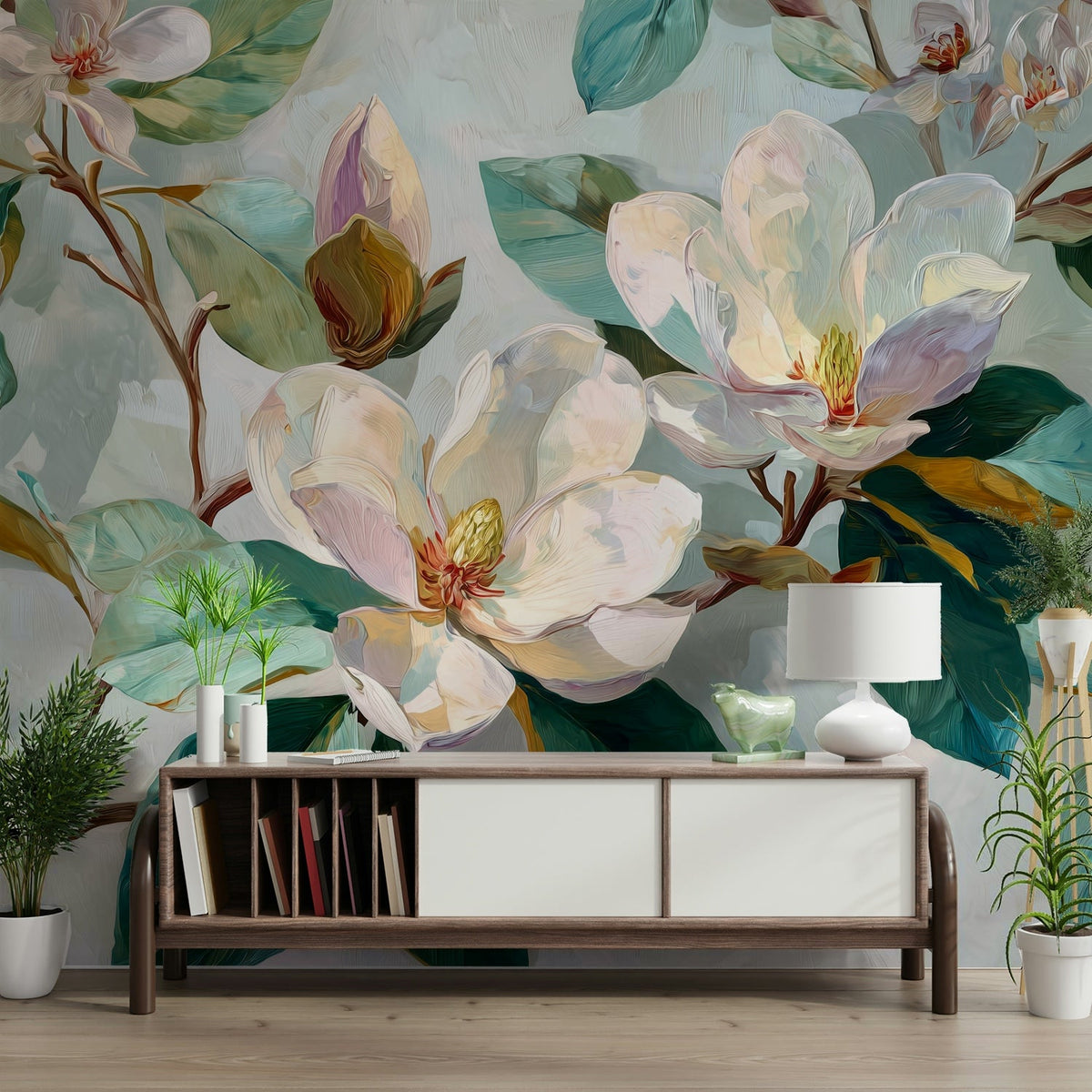 magnolia wallpaper with cream and blush bloom branch murals