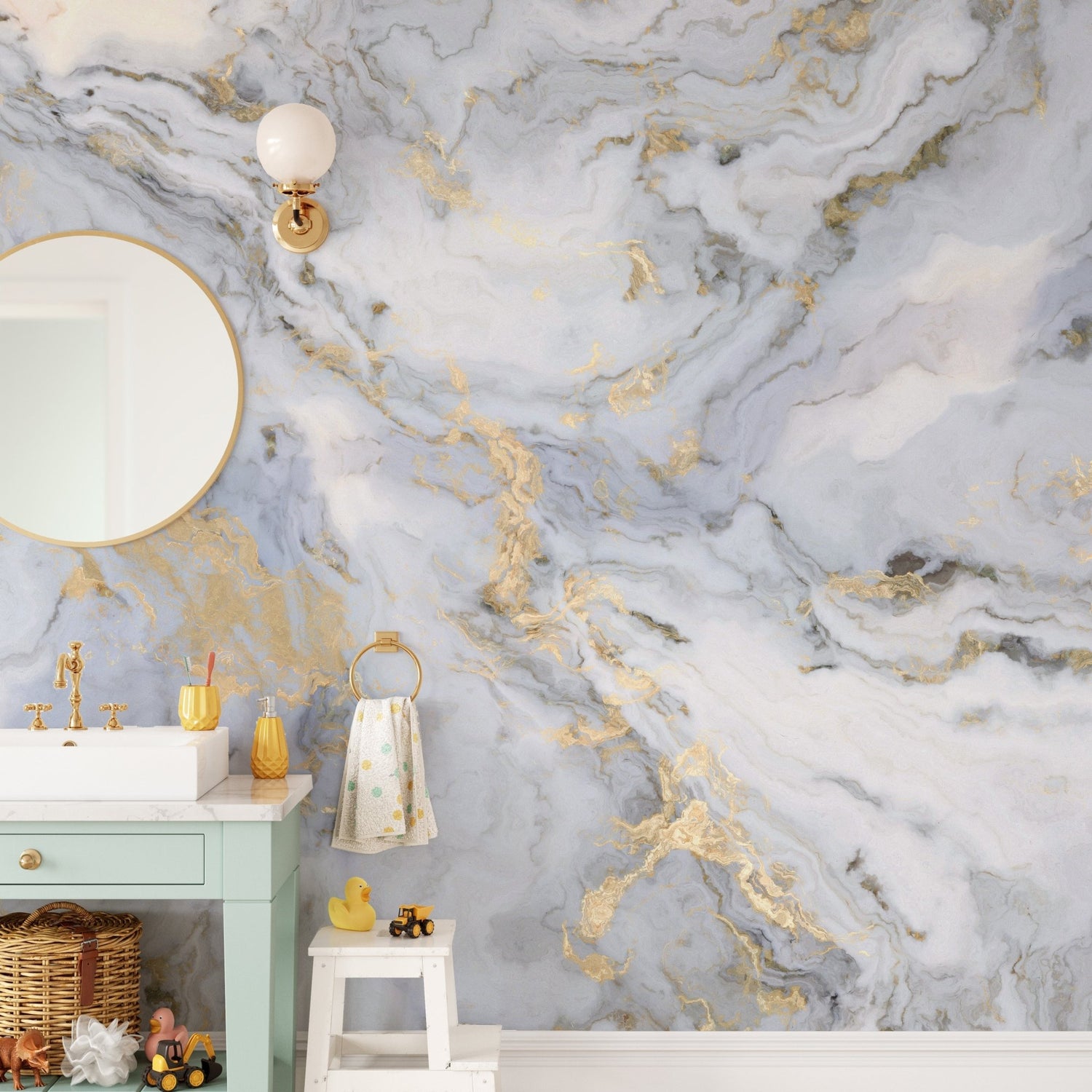 Marble wallpaper collection featuring a variety of styles, including white, black, and gold stone patterns.