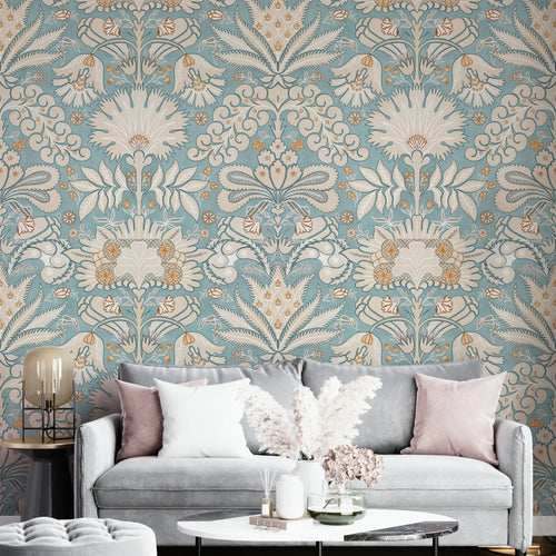 Maria Korkinova aqua damask mural in a bright room