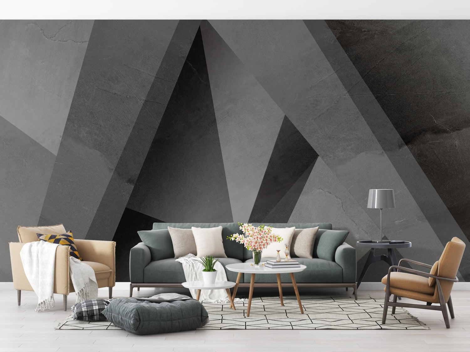 Modern wallpaper featuring abstract shapes and mid-century prints