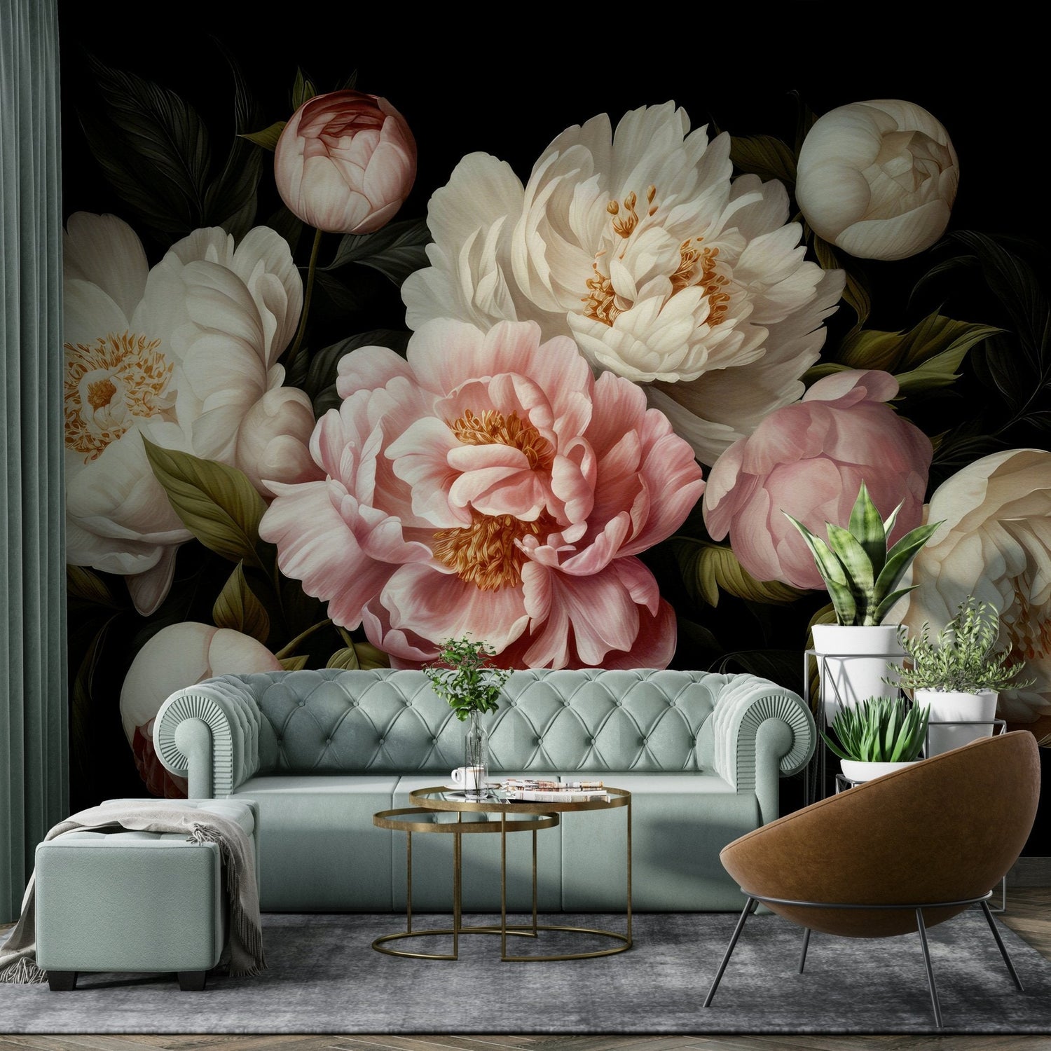moody wallpaper mural with dark florals on a deep charcoal ground