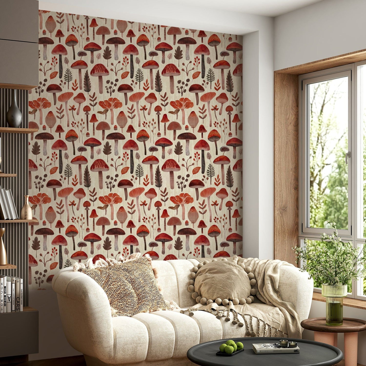 mushroom wallpaper mural with woodland toadstools printed across a living room feature wall