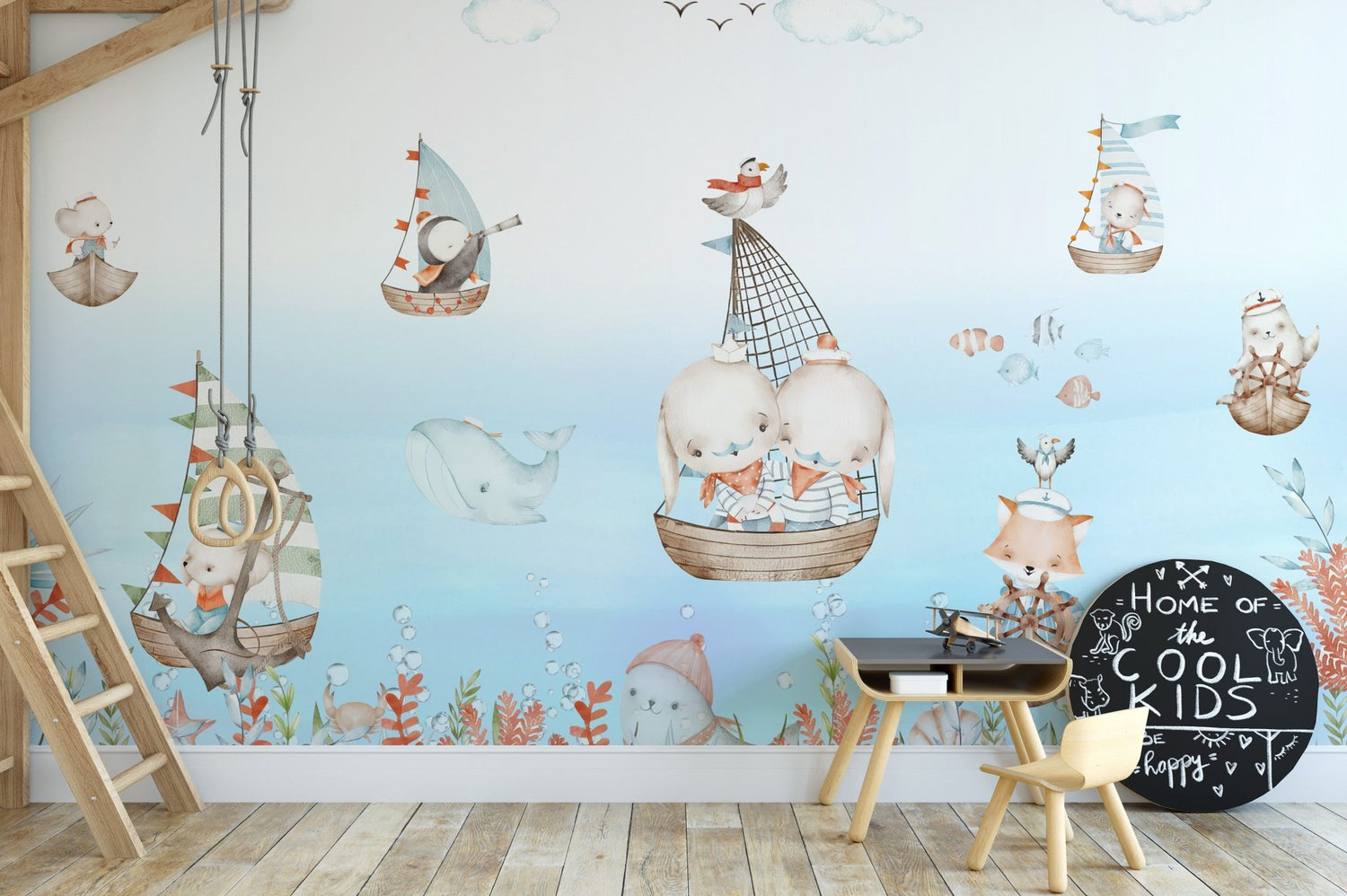 Nautical wallpaper mural with anchor and sailing ship