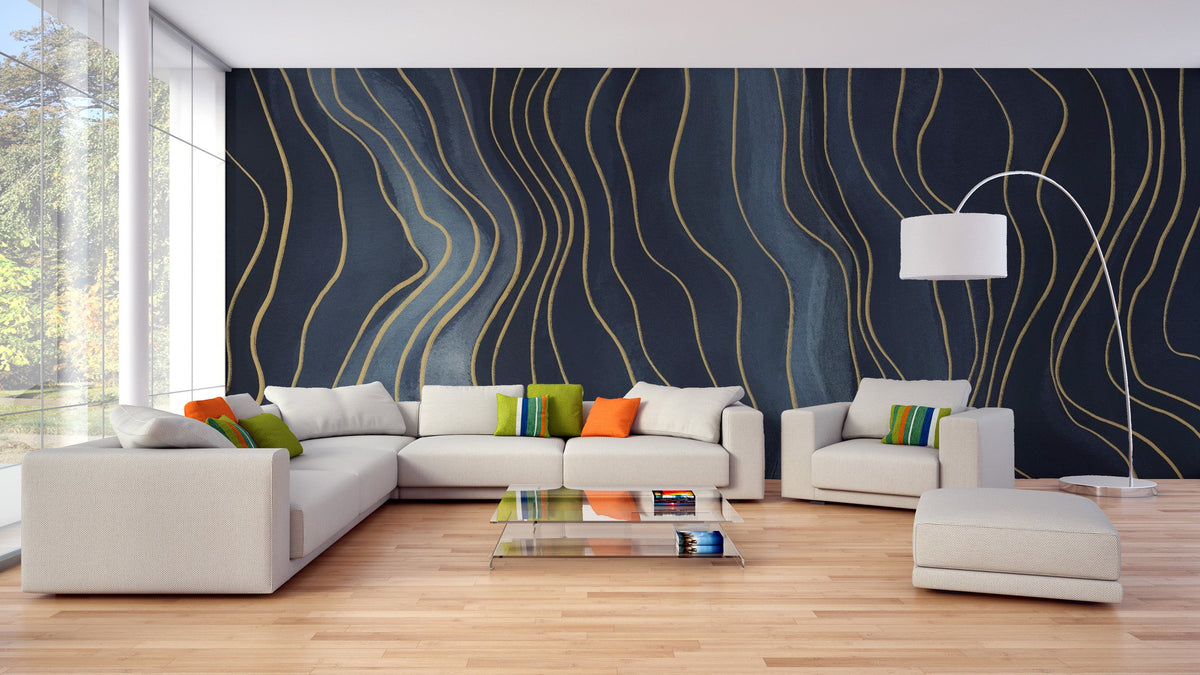 navy blue wallpaper with deep moody mural designs