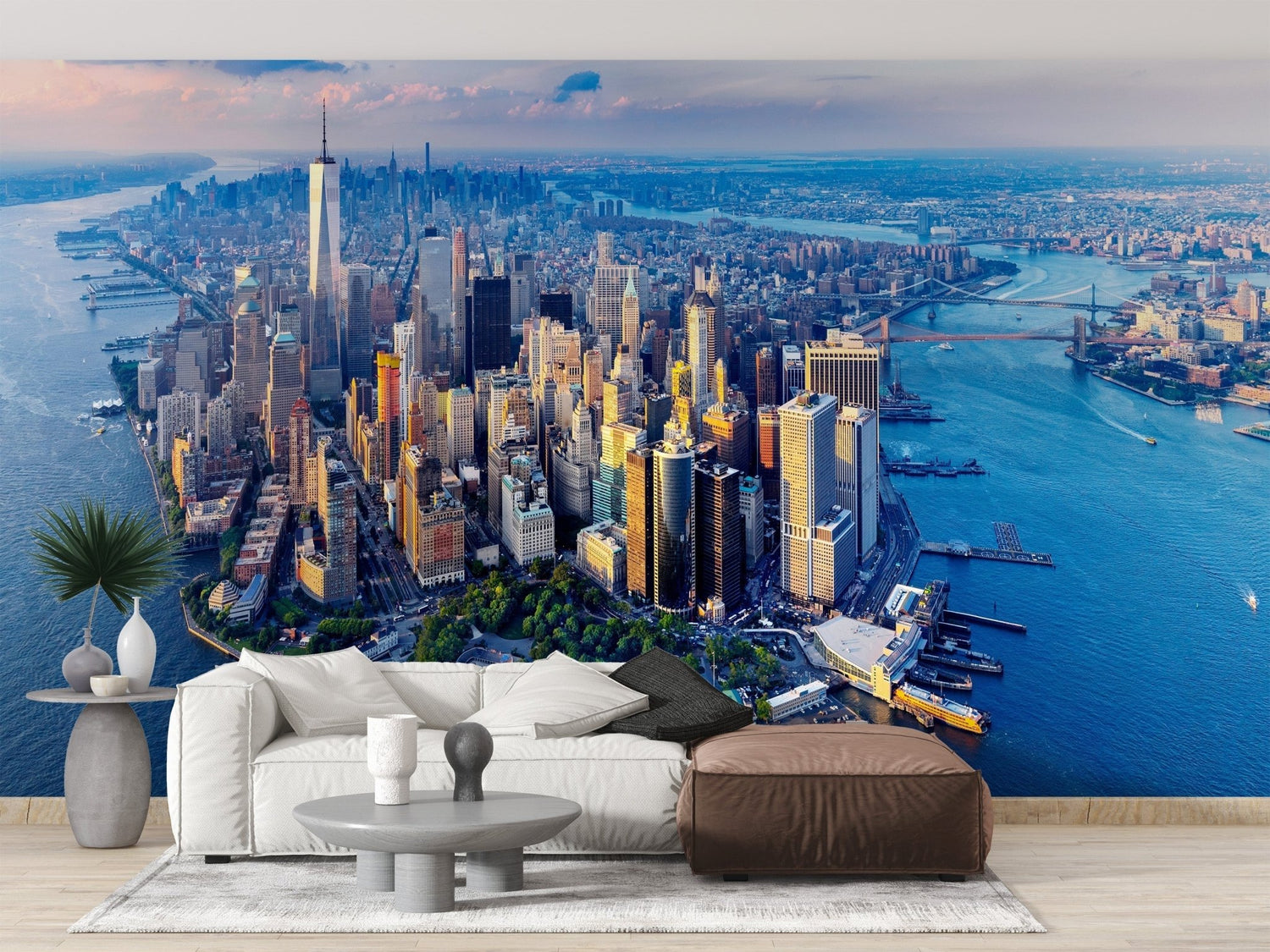 New York wallpaper mural showing the city skyline and bridges on a feature wall