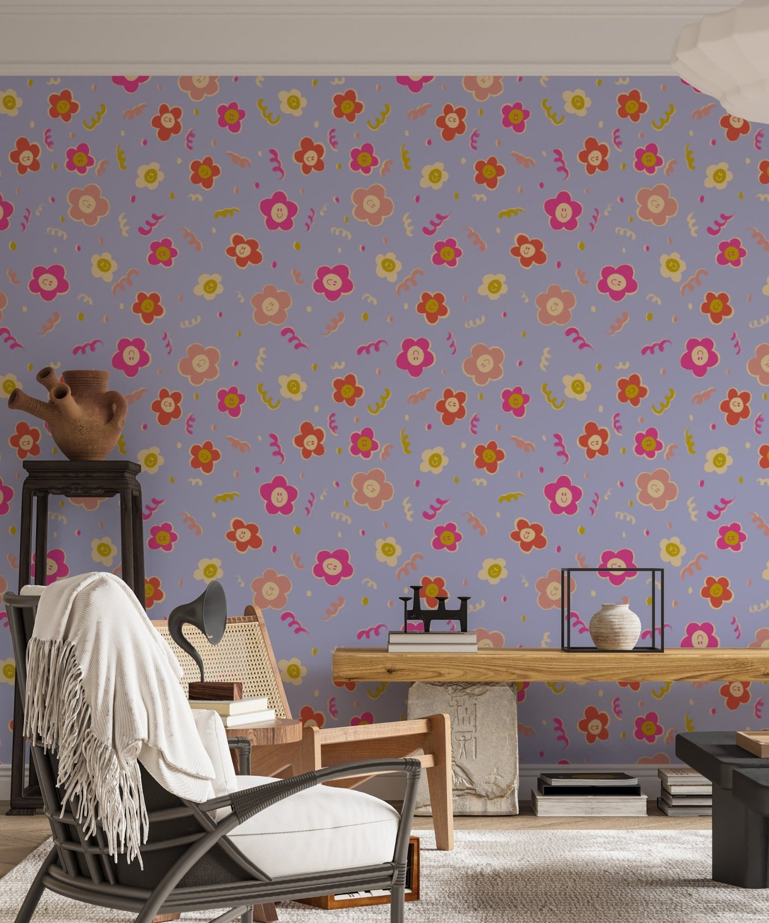 Nici Gabriel designer wallpaper mural with bright florals, butterfly gardens, folk style birds, folk tile prints, and cheerful bouquet scenes on a residential wall
