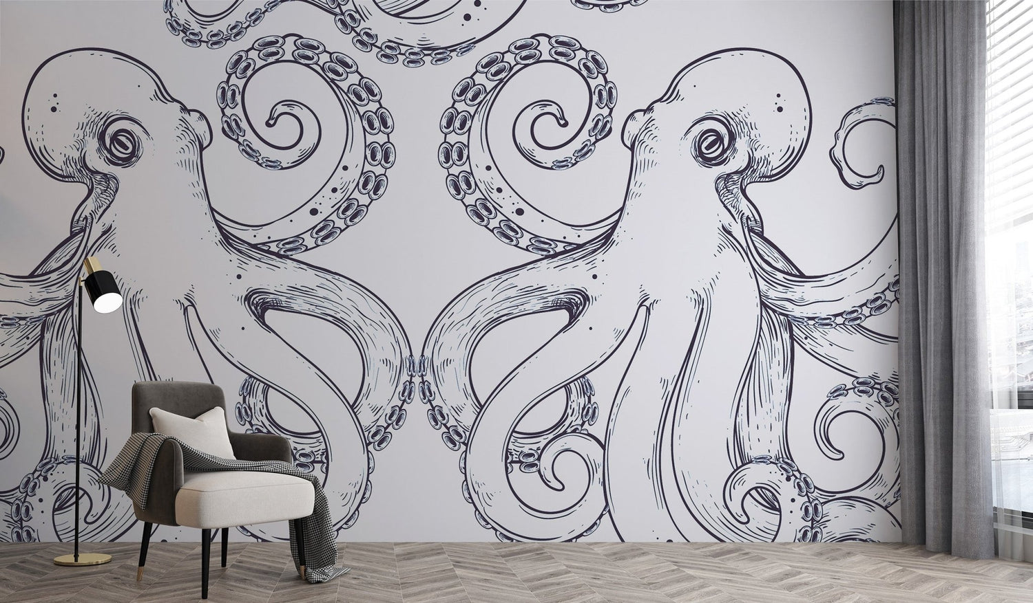 Detailed octopus wallpaper mural design with tentacles spread across a feature wall