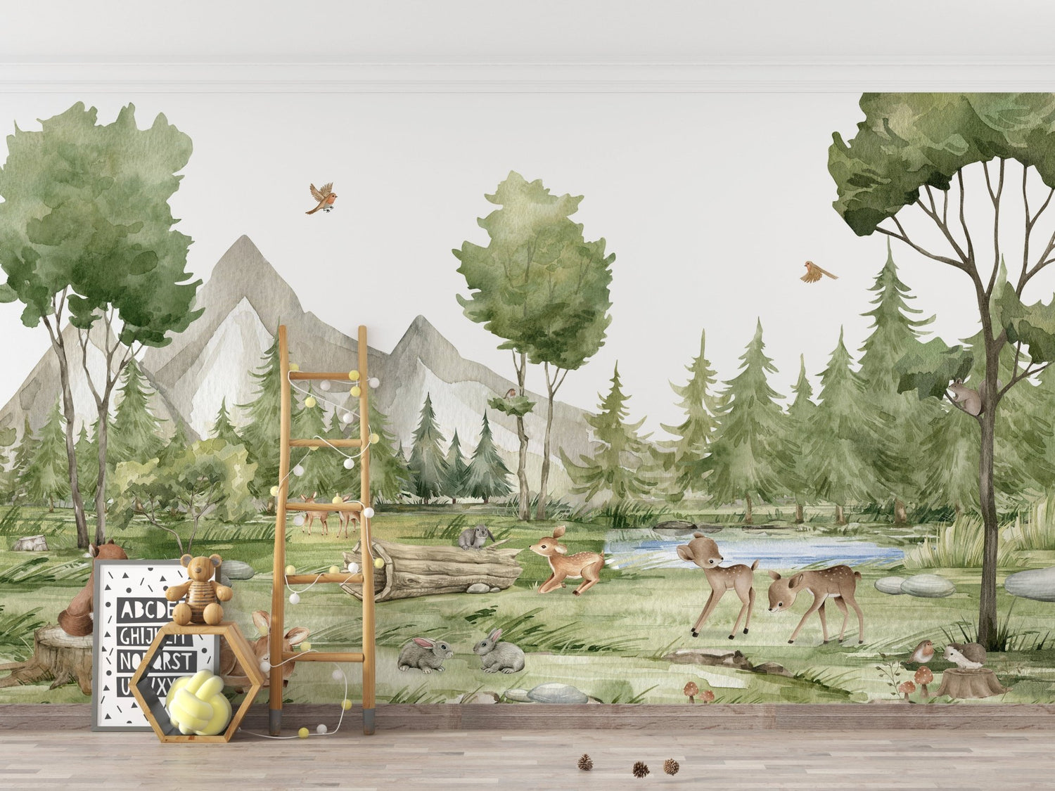 Oliver Robins designer wallpaper mural with woodland deer, sleepy moon and star scenes, fox and rabbit pals, and tree and toadstool prints on a nursery wall