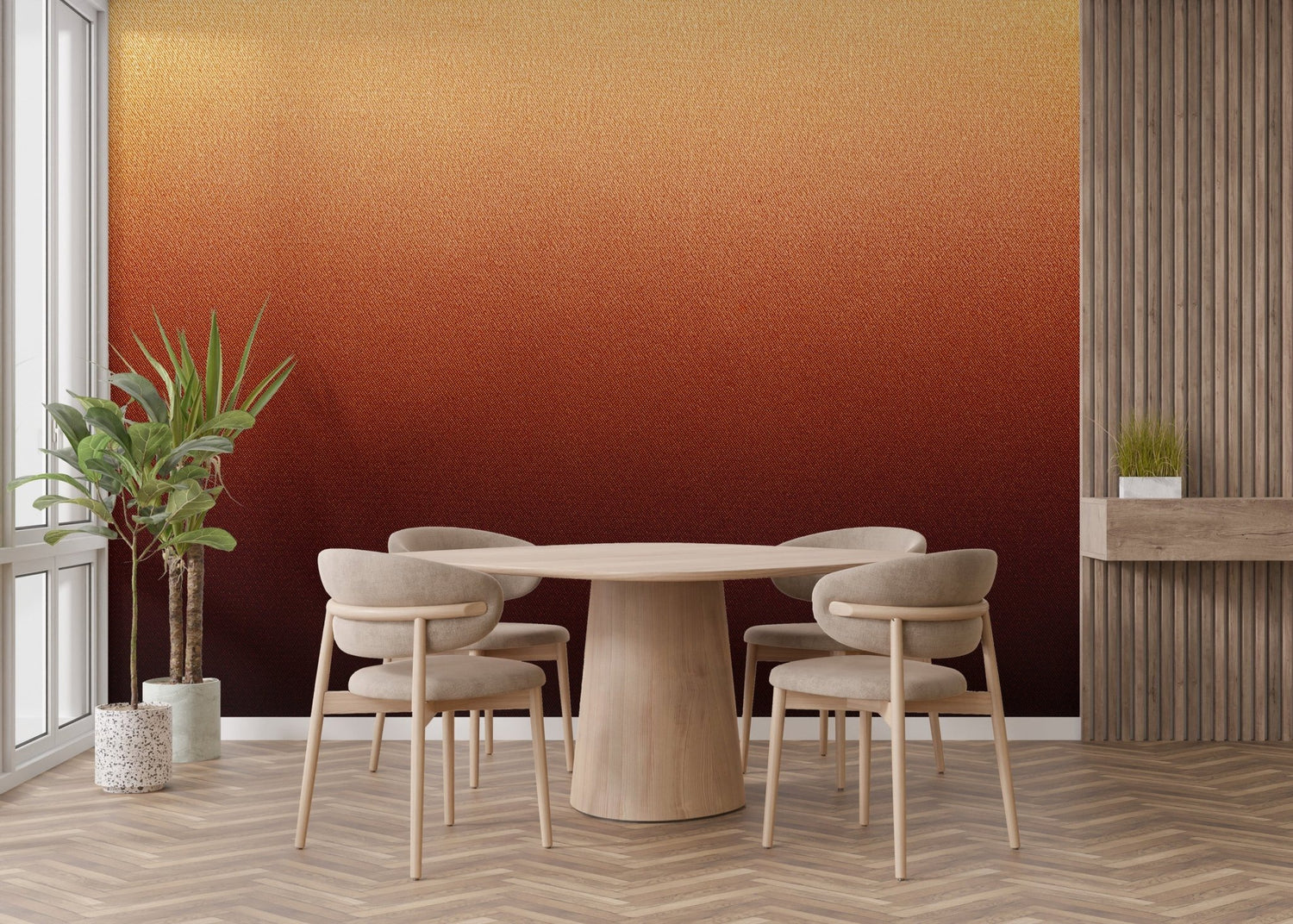 Orange wallpaper feature wall with burnt and terracotta tones in a warm room