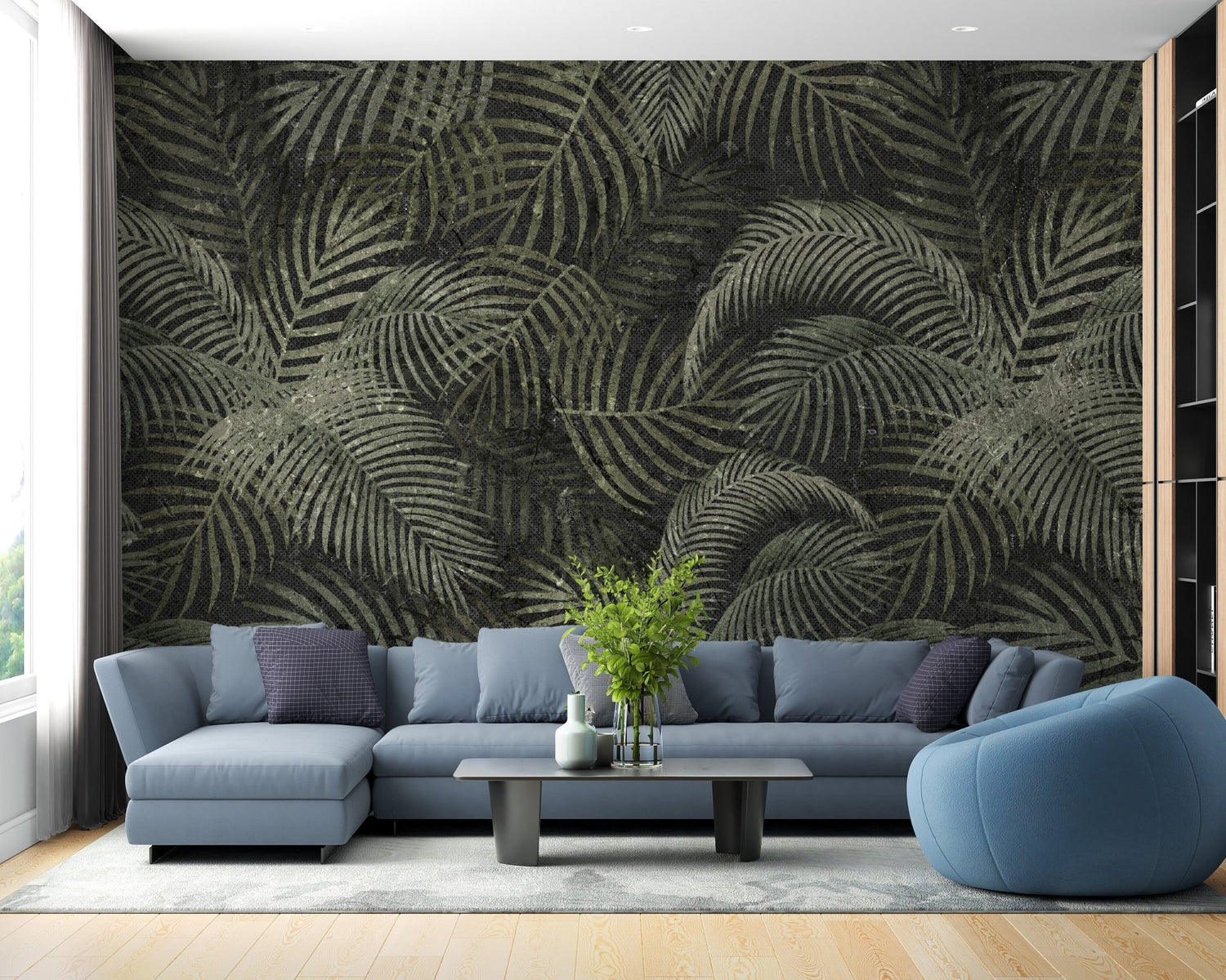 Tropical palm leaf wallpaper mural on a feature wall