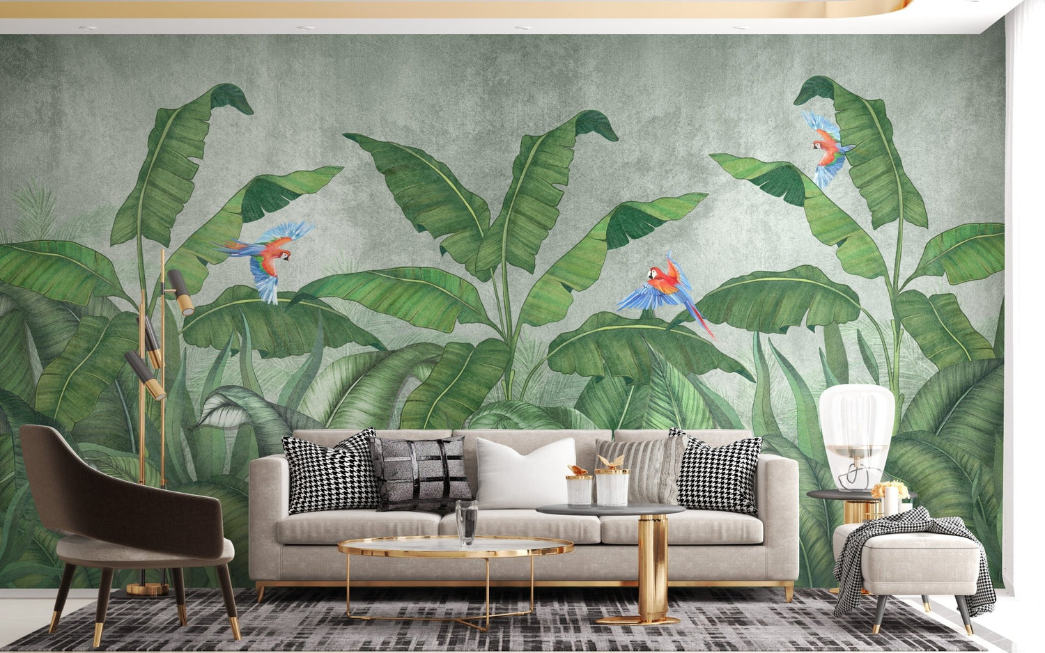 Tropical parrot wallpaper mural on a feature wall 
