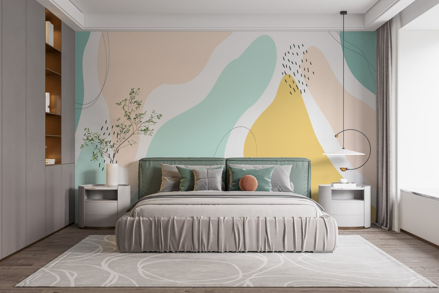 Pastel wallpaper mural in blush, mint, and lavender on a bedroom wall