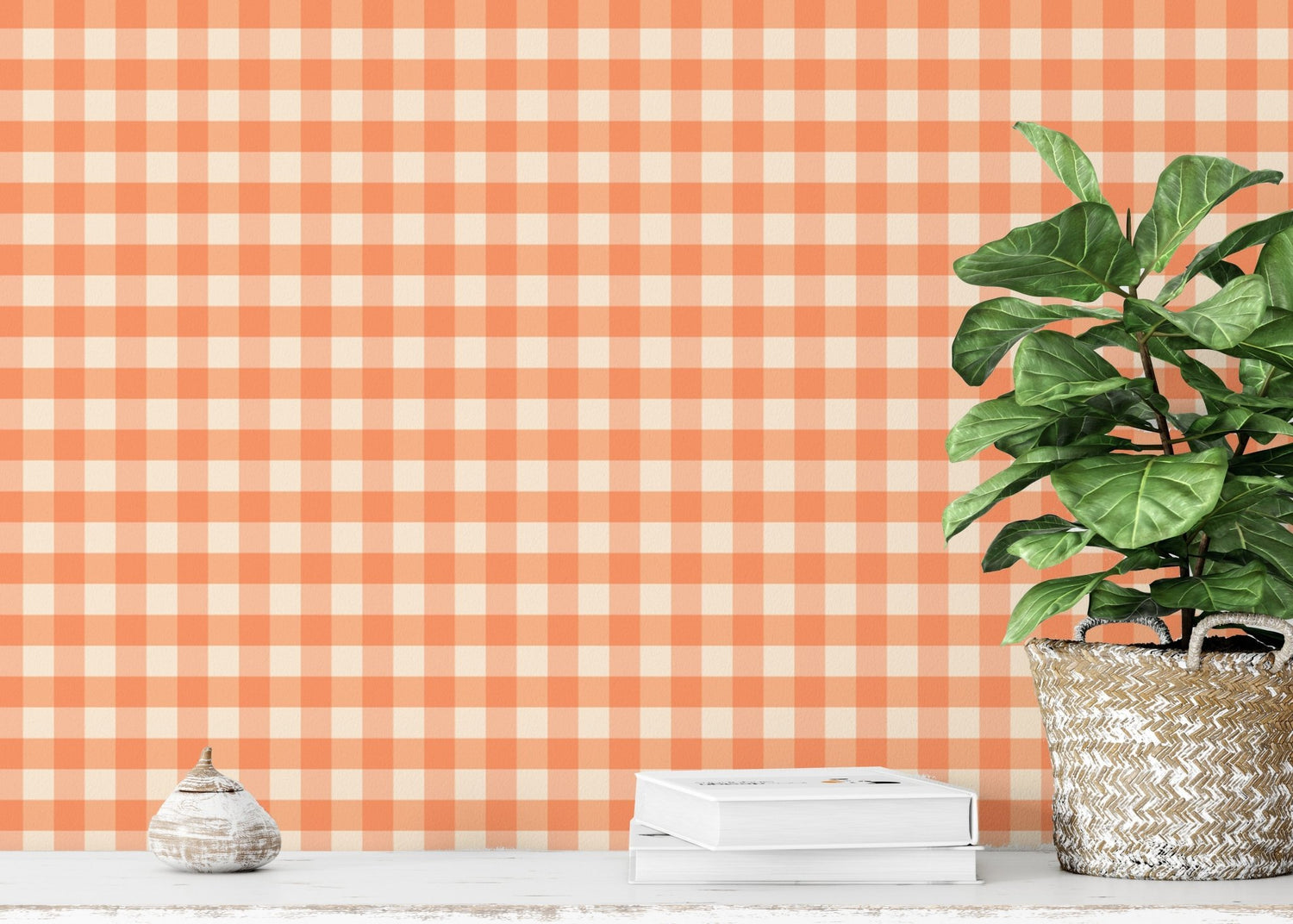 Custom peach wallpaper feature wall with soft floral print in a styled room