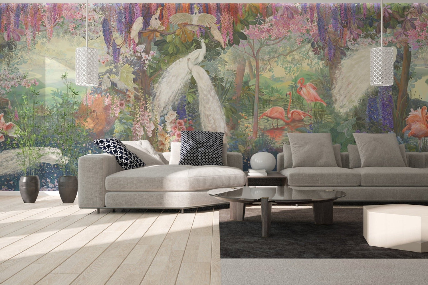 peacock wallpaper mural with layered feathers and birds on a feature wall