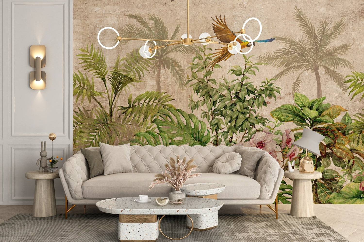 Peel and stick wallpaper and fabric wall mural designs in modern living and bedroom interiors