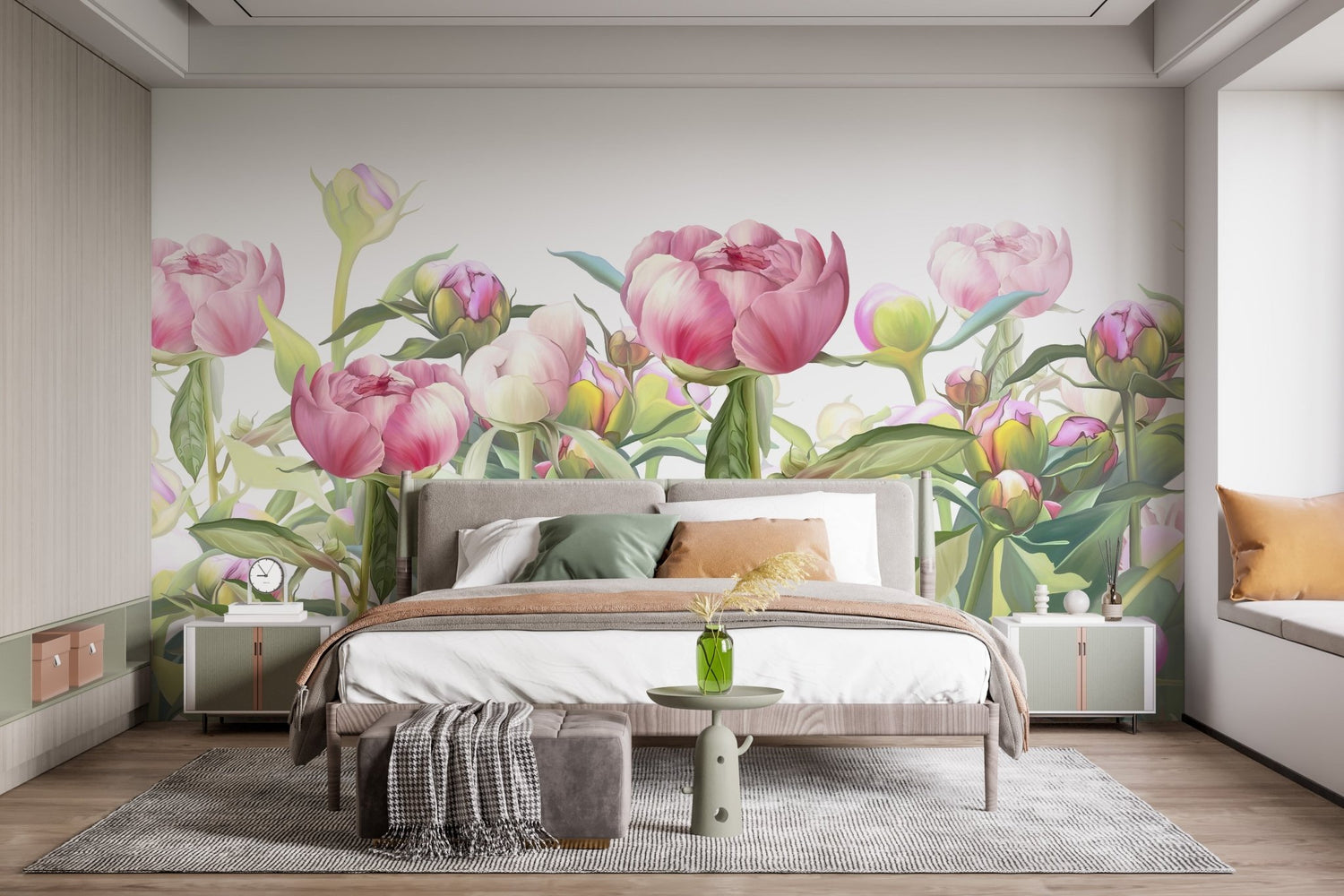 Pink peony wallpaper with soft full bloom petals and green leaves 
