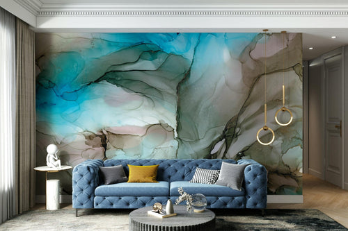 Designer Sara Braun standing beside her contemporary abstract studio panels