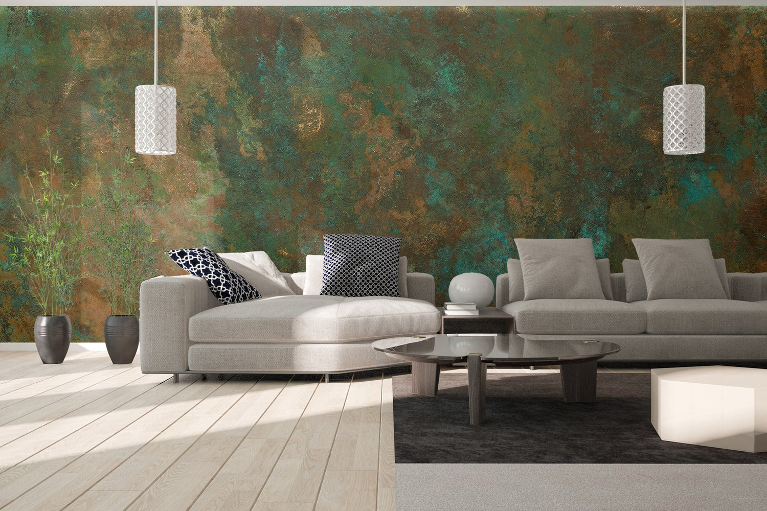 teal wallpaper with rich blue-green murals for feature walls
