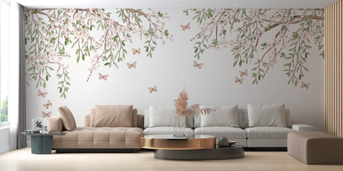 Sir Edward designer wallpaper mural with jungle leopards, foxglove floral panels, hummingbird hedge, lemon tree chinoiserie, and garden bloom scenes on a residential wall