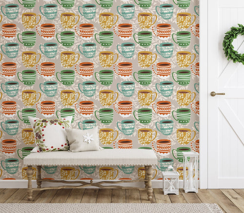 Susana Costa olive leaf stripe mural in warm boho tones