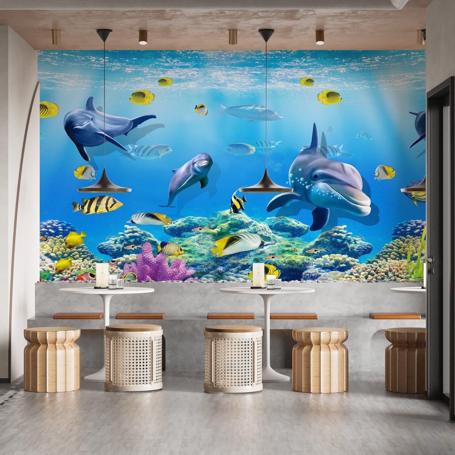 Photorealistic underwater wallpaper featuring a vibrant coral reef scene in a modern living room.