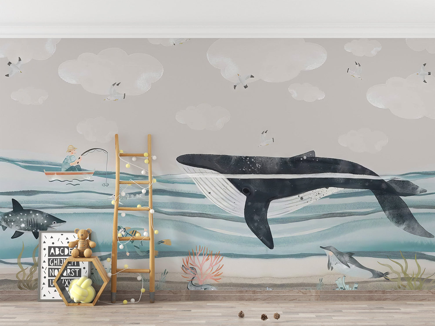 shark wallpaper with deep blue ocean shark mural