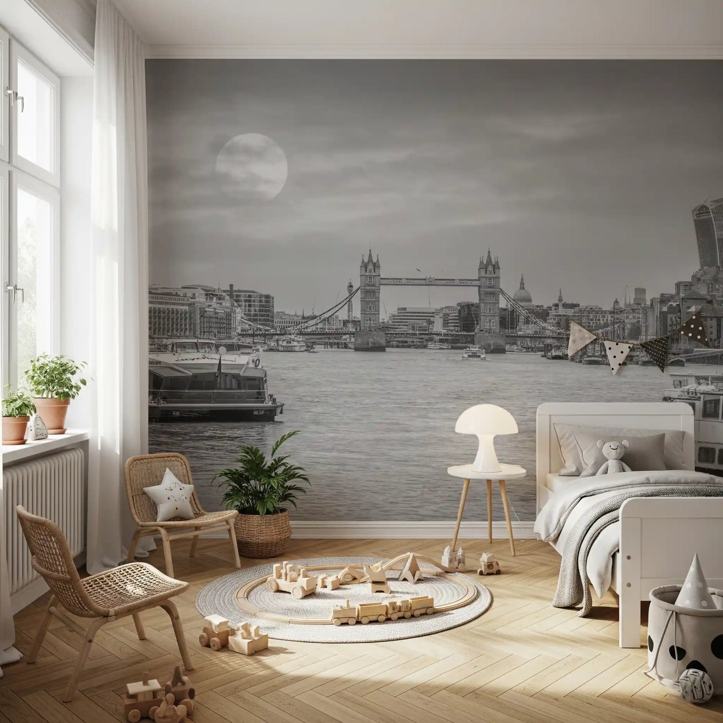 Thames River Moonlight Panorama Wall Mural