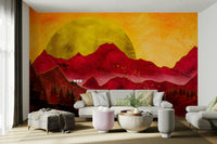 Bold red mountain wallpaper with radiant golden sun for modern interiors

