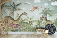 Colorful dinosaur adventure mural for a Jurassic kids' room.
