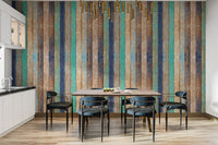 Vertical wooden planks dining area wallpaper with rustic hues
