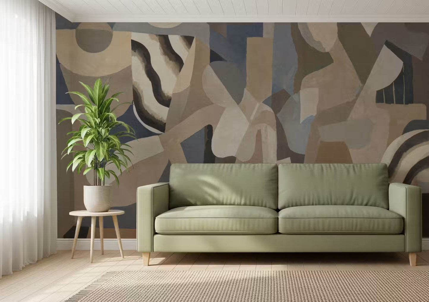 Neutral abstract wall mural with smoky waves and blended soft textures