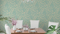 Blue wallpaper with floral leafy patterns
