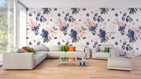 Elegant navy & peach floral wallpaper design
